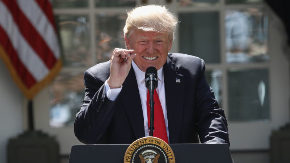 WASHINGTON, DC - JUNE 01: U.S. President Donald Trump announces his decision for the United States to pull out of the Paris climate agreement in the Rose Garden at the White House June 1, 2017 in Washington, DC. Trump pledged on the campaign trail to withdraw from the accord, which former President Barack Obama and the leaders of 194 other countries signed in 2015. The agreement is intended to encourage the reduction of greenhouse gas emissions in an effort to limit global warming to a manageable level. (Photo by Win McNamee/Getty Images)