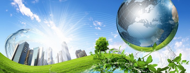 13225843 - collage of green nature landscape with planet earth above it