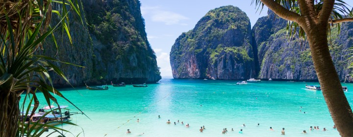 A view of mountains and the water at Maya Bay in Thailand