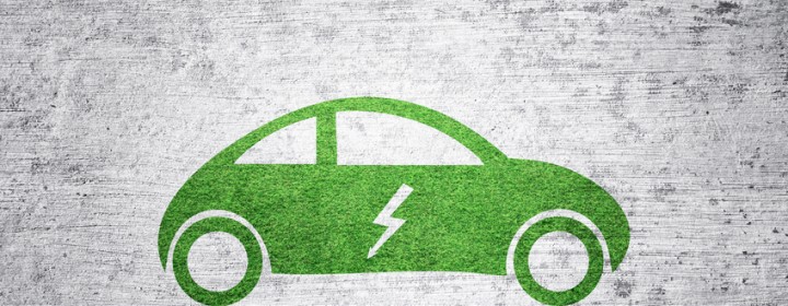 Electric car background. Green grass textured flat car icon with electric symbol on grunge textured illustration background.